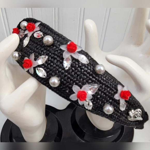 Handbeaded Black Straw Rattan Headband One of a Kind - Picture 3 of 6